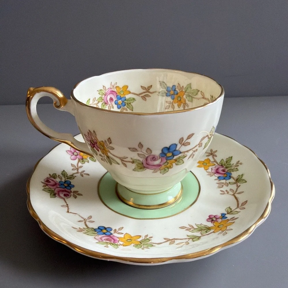 Vintage 1940s Plant Tuscan English Bone China Tea Cup & Saucer Floral Green Gold